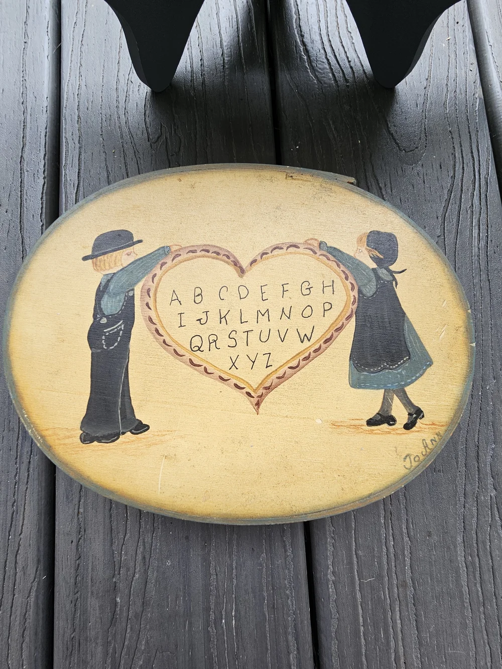 Vintage Hand Painted Bentwood Shaker Box Folk Art Alphabet Heart Amish Americana